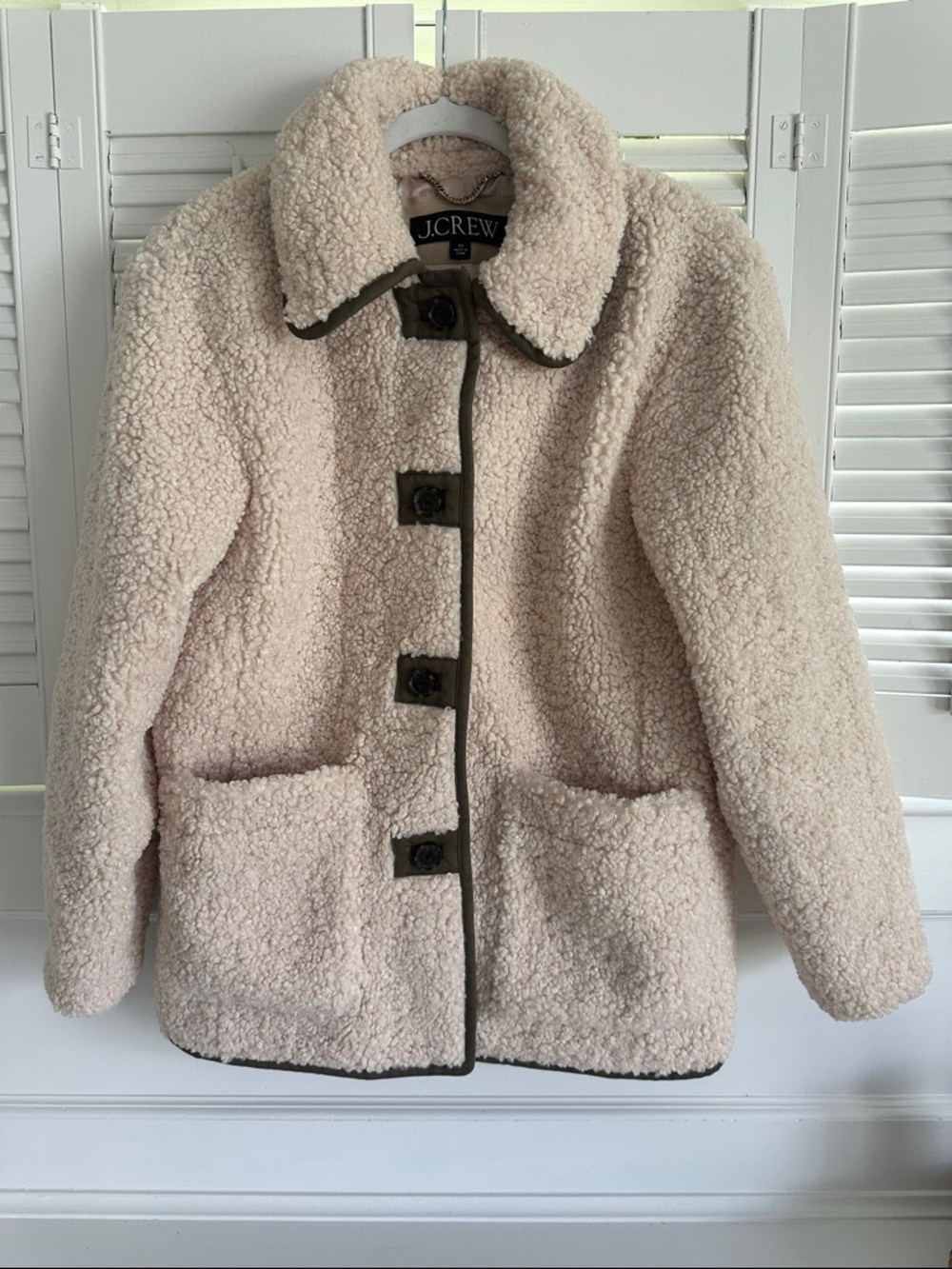 J.Crew Cream Sherpa Barn Jacket with Olive Trim